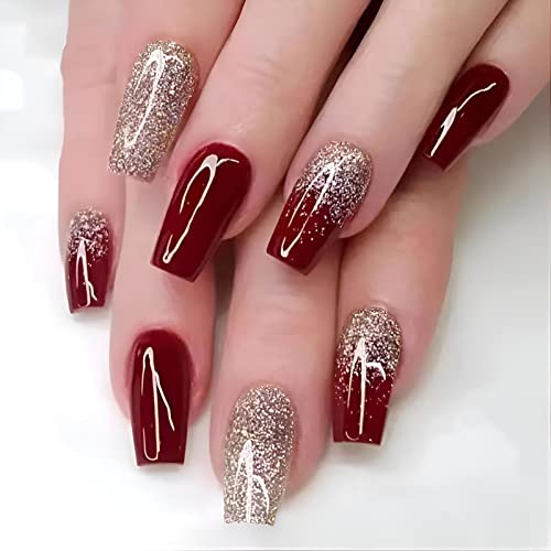 winthrop Medium Long Press On Nails Square Flash Gold Powder Wine Red Fake Nails Acrylic Full Cover False Nails Set Natural Perfectly Reusable Stick On Nails Suitable for Women Girls - Image 1