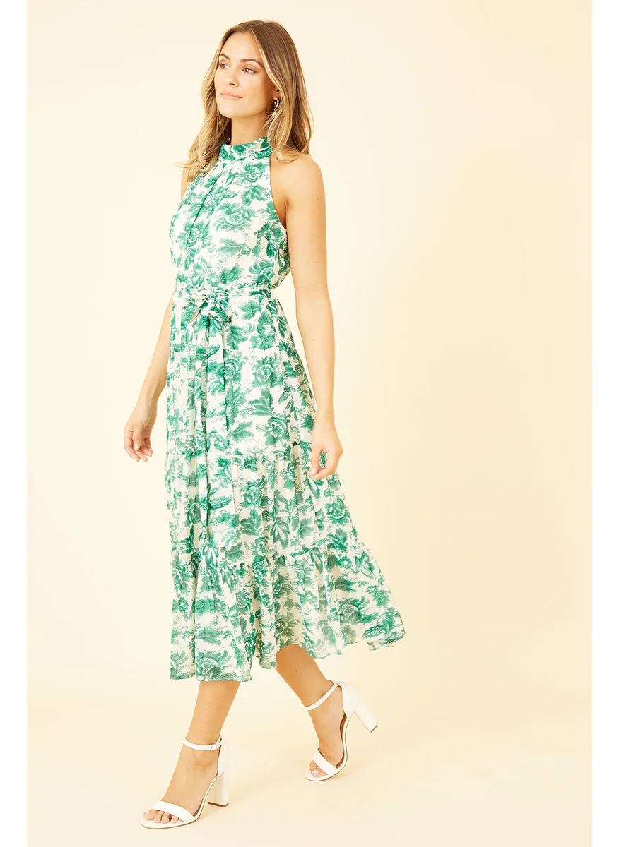 يامي Leaf Print Halter Neck Midi Dress