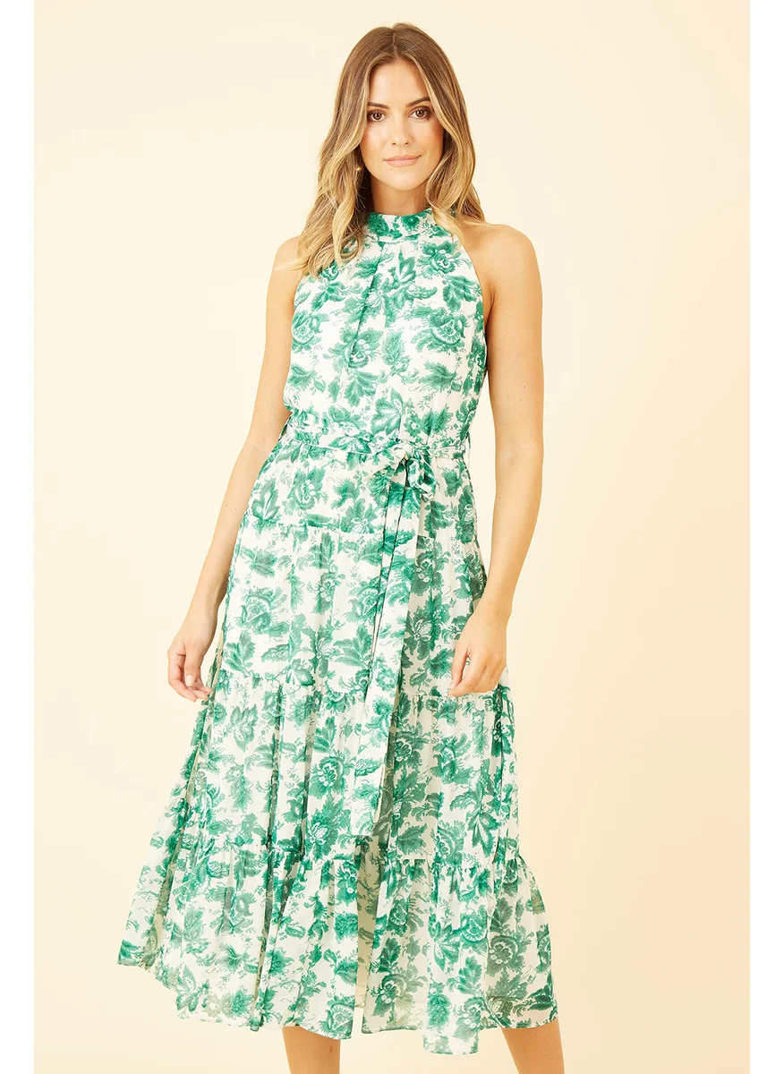 يامي Leaf Print Halter Neck Midi Dress