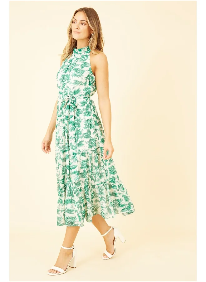 يامي Leaf Print Halter Neck Midi Dress