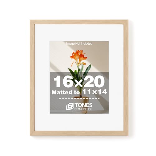 TONES FRAME DESIGN 16 x 20 Picture Frame Matted to 11x14 Natural Solid Wood Veneer Finish with Shatterproof Plexiglass, 16x20 Frame Wooden 20x16 Picture Frames for Wall Gallery Home Decor - Image 1