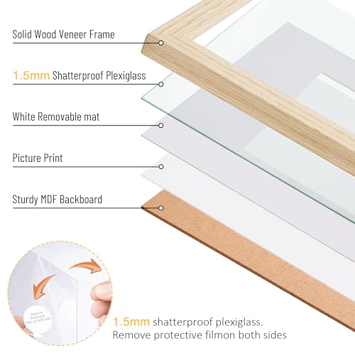 TONES FRAME DESIGN 16 x 20 Picture Frame Matted to 11x14 Natural Solid Wood Veneer Finish with Shatterproof Plexiglass, 16x20 Frame Wooden 20x16 Picture Frames for Wall Gallery Home Decor - Image 4