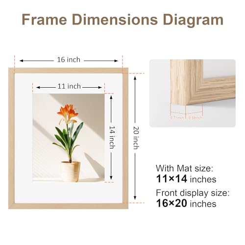 TONES FRAME DESIGN 16 x 20 Picture Frame Matted to 11x14 Natural Solid Wood Veneer Finish with Shatterproof Plexiglass, 16x20 Frame Wooden 20x16 Picture Frames for Wall Gallery Home Decor - Image 3