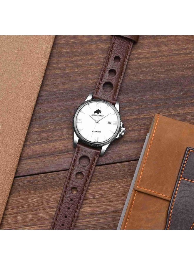 BISONSTRAP Rally Watch Bands, Shrunken Leather Watch Straps for Men, 18mm, Brown with Silver Buckle  - Image 2