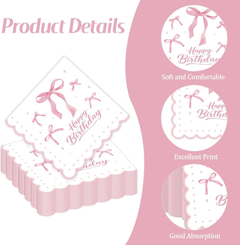 KFJBPB 50 Pcs Pink Bow Napkins 13 x 13 Inches, Pink Birthday Paper Napkins Disposable Cocktail Napkins for Bridal Engagement Baby Shower Coquette Birthday Decorations - Image 3