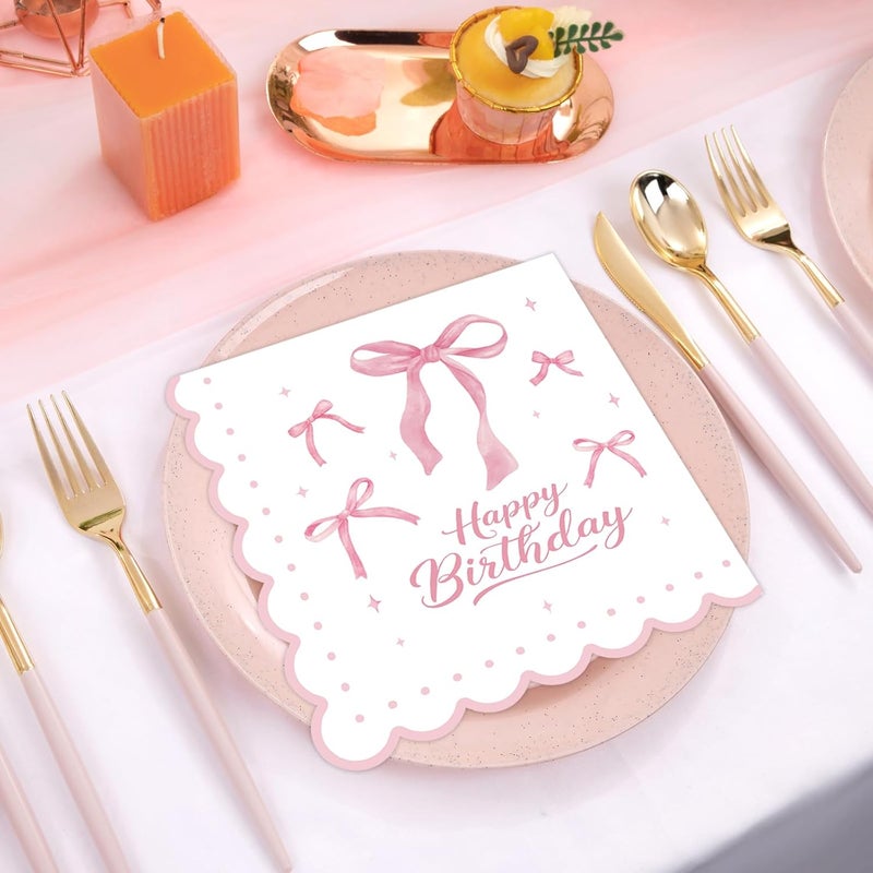 KFJBPB 50 Pcs Pink Bow Napkins 13 x 13 Inches, Pink Birthday Paper Napkins Disposable Cocktail Napkins for Bridal Engagement Baby Shower Coquette Birthday Decorations - Image 4