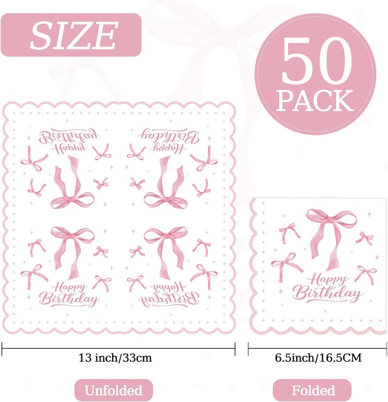 KFJBPB 50 Pcs Pink Bow Napkins 13 x 13 Inches, Pink Birthday Paper Napkins Disposable Cocktail Napkins for Bridal Engagement Baby Shower Coquette Birthday Decorations - Image 2