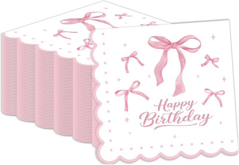 KFJBPB 50 Pcs Pink Bow Napkins 13 x 13 Inches, Pink Birthday Paper Napkins Disposable Cocktail Napkins for Bridal Engagement Baby Shower Coquette Birthday Decorations - Image 1
