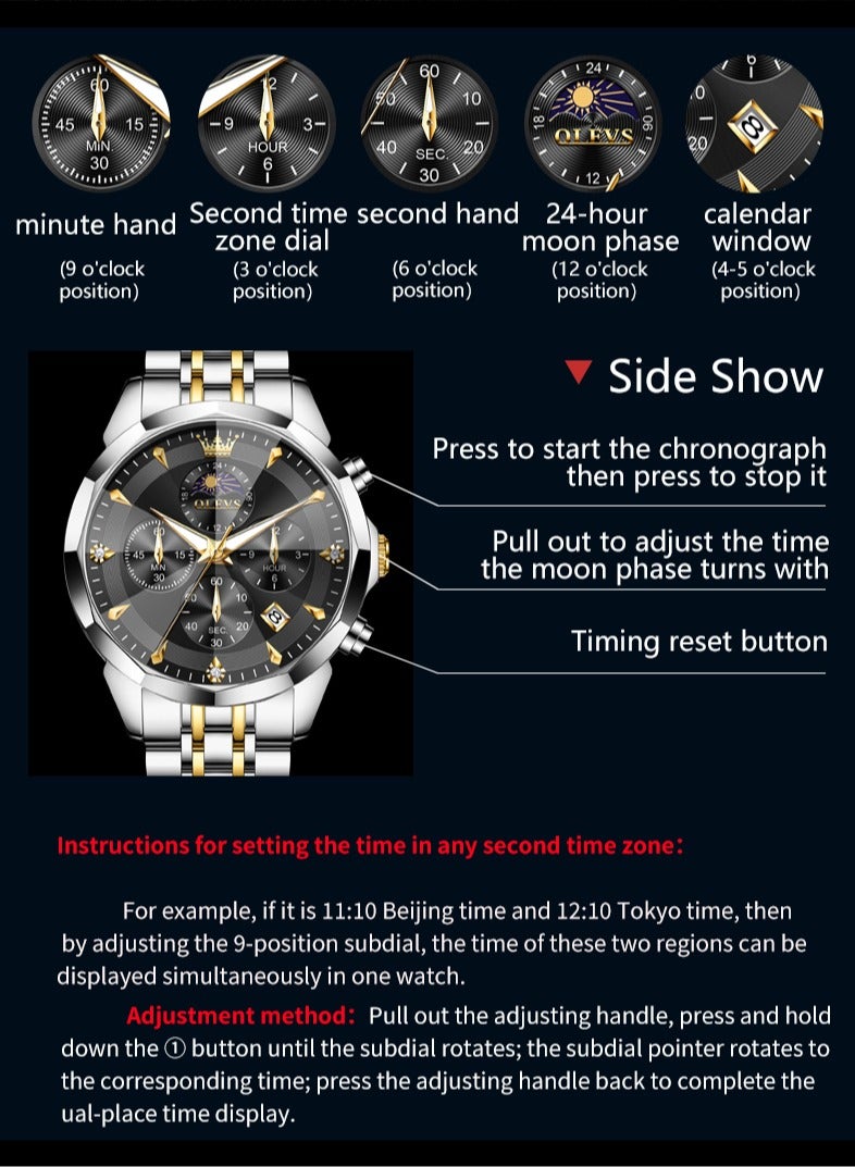 OLEVS High-End Luxurious Men's Watch Waterproof Multifunctional Stainless Steel Strap Durable Anti-Slip Coated Glass Stylish Luminous Timepiece - Image 2