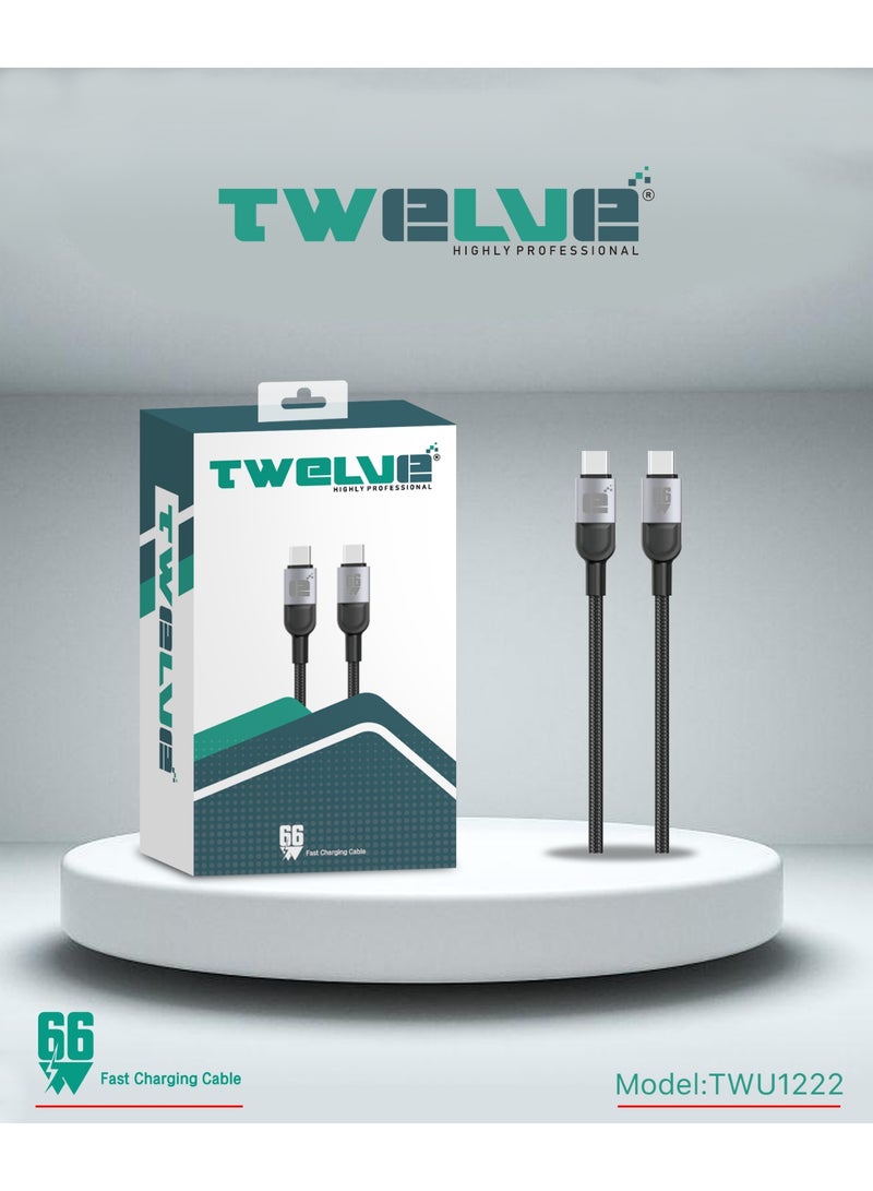 TWELVE 66W Fast Charging Cable Type-C to Type-C 1.2M Braided USB-C Cable for Smartphones, Tablets and Laptops Model TWU1220