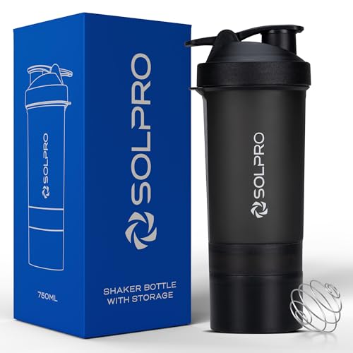 SOLPRO Polypropylene Ignite Shaker Bottle | 750Ml | Built In Storage Compartment | Leak-Proof And Portable | Non-Slip Grip | Ideal For Protein Shakes, Smoothies, Pre Workout And More | BPA Free Black - Image 1