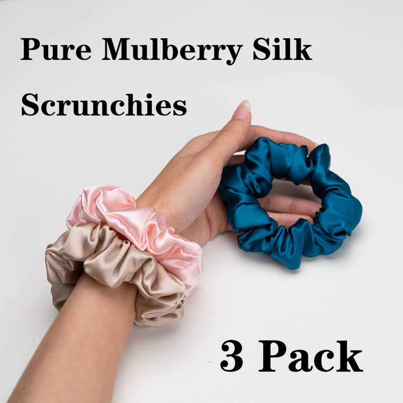 Silmer Silk Scrunchies for Hair 100% Mulberry Silk Hair Ties 3 Pack(Pink, Peacock Blue, Apricot) - Image 2