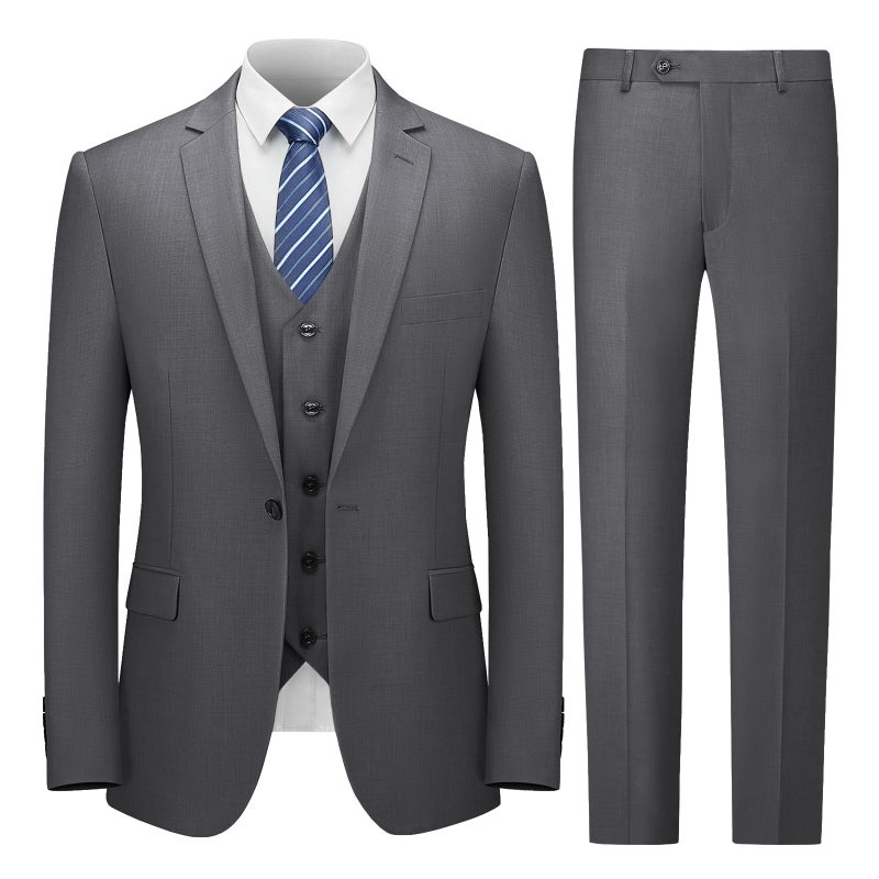 Cooper Nelson Mens Suit Slim Fit 3 Piece Suits for Men One Button Solid Jacket Vest Pants with Tie Tuxedo Set Dark Grey 2XL