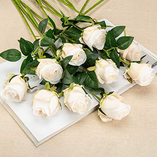 Flojery 10pcs Artificial Rose Flowers Long Stem Fake Silk Roses for DIY Wedding Bouquet Table Centerpiece Home Decor (White) - Image 4