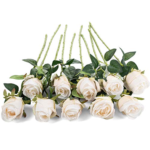 Flojery 10pcs Artificial Rose Flowers Long Stem Fake Silk Roses for DIY Wedding Bouquet Table Centerpiece Home Decor (White) - Image 2