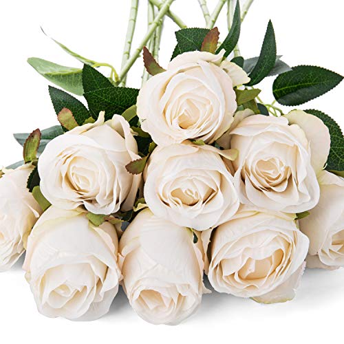 Flojery 10pcs Artificial Rose Flowers Long Stem Fake Silk Roses for DIY Wedding Bouquet Table Centerpiece Home Decor (White) - Image 3
