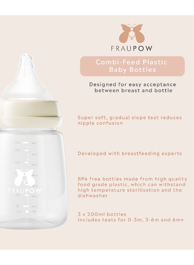 Fraupow Combi-Feed Baby Bottles | Pack of 3 | 200ml Anti-Colic Baby Bottle with Slow Flow Breast Teat | Reduces Nipple Confusion | Award Winning Baby Feeding Essentials | Includes Midwife Consultation - Image 2