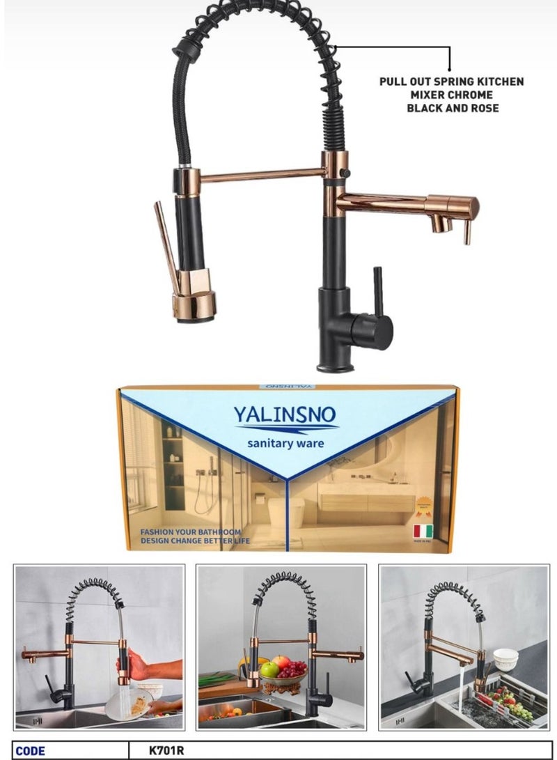Yalin Kitchen Faucet with 360° Swivel Pull-Out Sprayer, Single Handle Mixer Tap with Dual Spray Modes (Rose Gold & Black) - Image 2