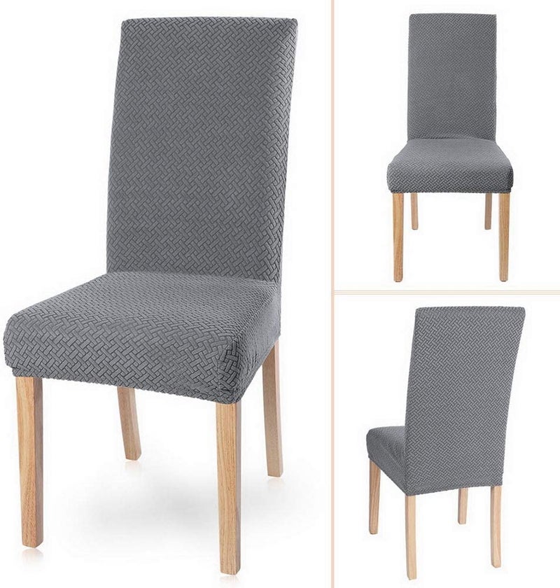 Lukzer Elastic Dining Chair Cover - 6PC Textured Grey Design | Soft Touch Universal Elastic Stretchable Jacquard Fabric Seat Cover | Removable Washable Short Dining Chair Cover Protector Seat Cover - Image 3