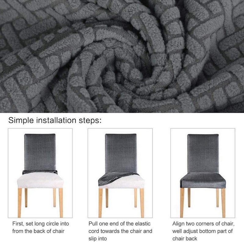 Lukzer Elastic Dining Chair Cover - 6PC Textured Grey Design | Soft Touch Universal Elastic Stretchable Jacquard Fabric Seat Cover | Removable Washable Short Dining Chair Cover Protector Seat Cover - Image 4