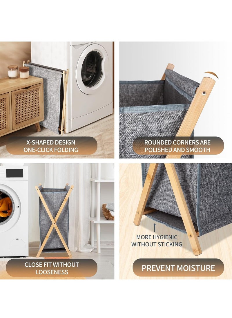 Arabest Bamboo Laundry Hampers, Portable and Collapsible Folding Clothes Laundry Basket Storage with Removable Liner Bag, for Hotel and Bathroom Usage X Frame Laundry Baskets (Grey) - Image 3