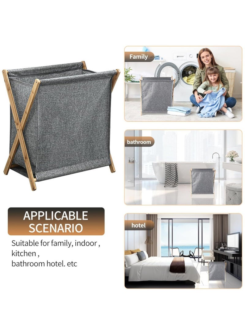 Arabest Bamboo Laundry Hampers, Portable and Collapsible Folding Clothes Laundry Basket Storage with Removable Liner Bag, for Hotel and Bathroom Usage X Frame Laundry Baskets (Grey) - Image 4