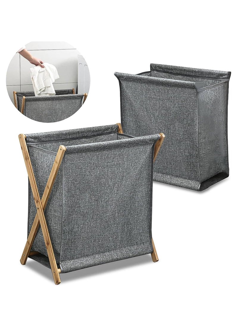 Arabest Bamboo Laundry Hampers, Portable and Collapsible Folding Clothes Laundry Basket Storage with Removable Liner Bag, for Hotel and Bathroom Usage X Frame Laundry Baskets (Grey) - Image 1