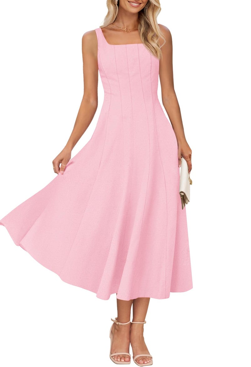 MEROKEETY Women's 2026 Summer Sleeveless Midi Dress Square Neck Smocked Flowy A Line Beach Dresses, LightPink, Small - Image 1