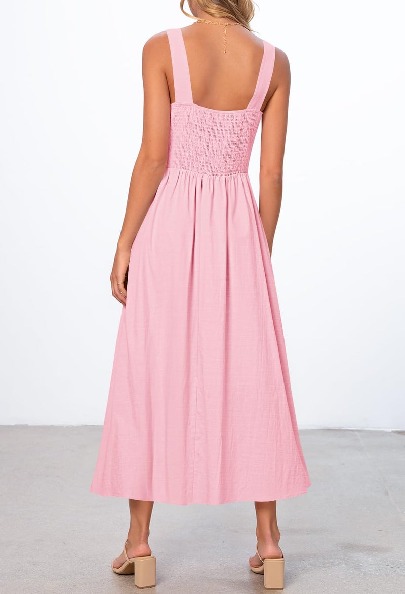 MEROKEETY Women's 2026 Summer Sleeveless Midi Dress Square Neck Smocked Flowy A Line Beach Dresses, LightPink, Small - Image 3