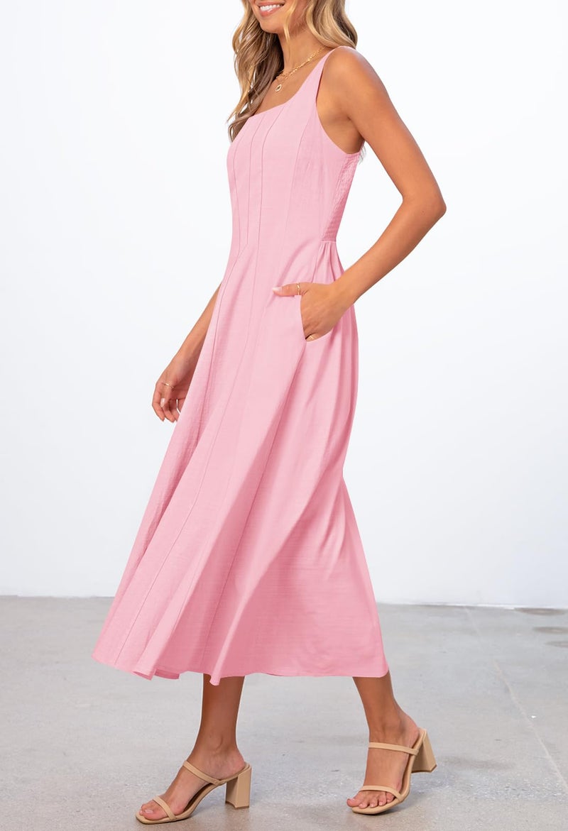 MEROKEETY Women's 2026 Summer Sleeveless Midi Dress Square Neck Smocked Flowy A Line Beach Dresses, LightPink, Small - Image 2