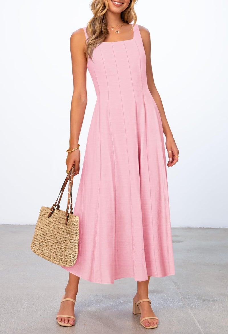 MEROKEETY Women's 2026 Summer Sleeveless Midi Dress Square Neck Smocked Flowy A Line Beach Dresses, LightPink, Small - Image 4