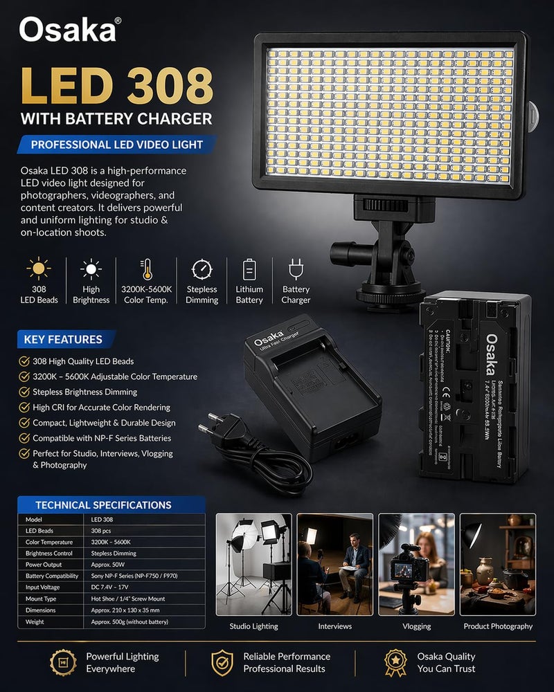 Osaka Bi-Color Dimmable LED Video Light OS-LED-308 Pocket LED Slim for All DSLR Video Cameras YouTube Video tiktok Photography Shooting with F750 Battery 8000 mAh and Fast Charger - Image 2
