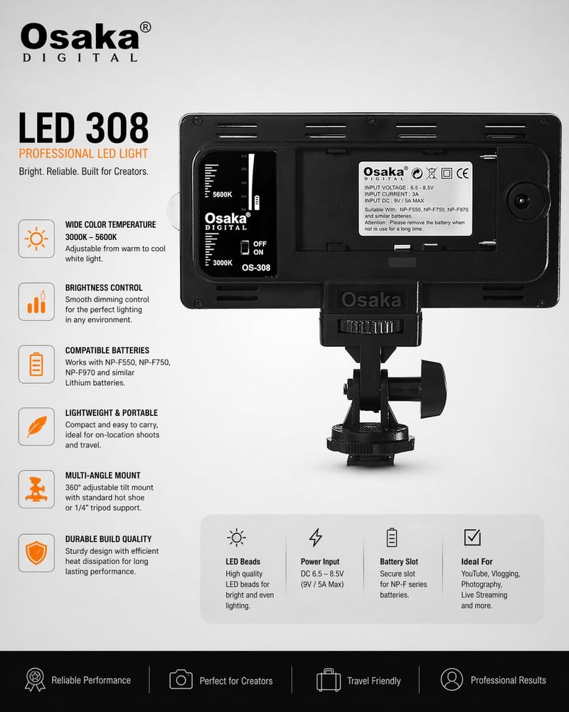 Osaka Bi-Color Dimmable LED Video Light OS-LED-308 Pocket LED Slim for All DSLR Video Cameras YouTube Video tiktok Photography Shooting with F750 Battery 8000 mAh and Fast Charger - Image 3