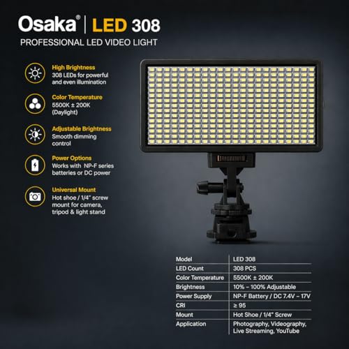 Osaka Bi-Color Dimmable LED Video Light OS-LED-308 Pocket LED Slim for All DSLR Video Cameras YouTube Video tiktok Photography Shooting with F750 Battery 8000 mAh and Fast Charger - Image 4