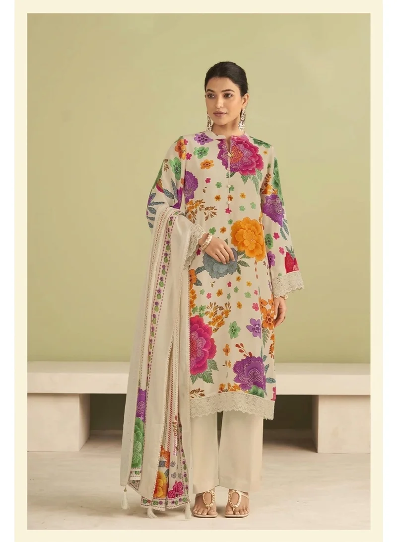 Priya’s Panache Premium Mul Chanderi Off-White 3-Piece Suit Set for Women with Dupatta & Pants | Printed Indian Ethnic Wear Kurta Set | Festive & Wedding Wear Salwar Suit