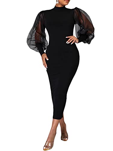 Ekaliy Women's See Through Bodycon Dress Long Puff Lantern Sleeve Sheer Mesh Dress Sexy Club Party Midi Dress Club Outfits New Black XX-Large - Image 1