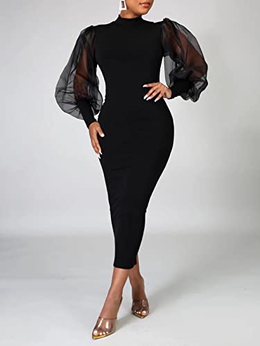 Ekaliy Women's See Through Bodycon Dress Long Puff Lantern Sleeve Sheer Mesh Dress Sexy Club Party Midi Dress Club Outfits New Black XX-Large - Image 2