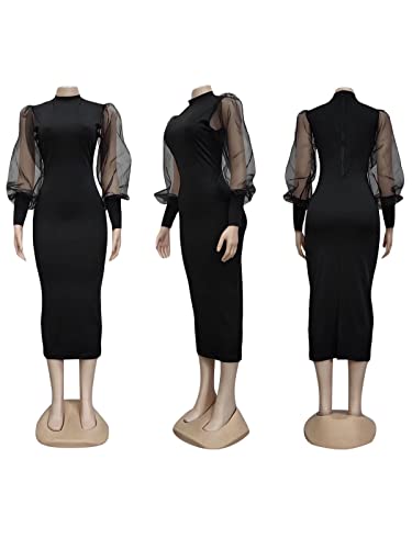 Ekaliy Women's See Through Bodycon Dress Long Puff Lantern Sleeve Sheer Mesh Dress Sexy Club Party Midi Dress Club Outfits New Black XX-Large - Image 4