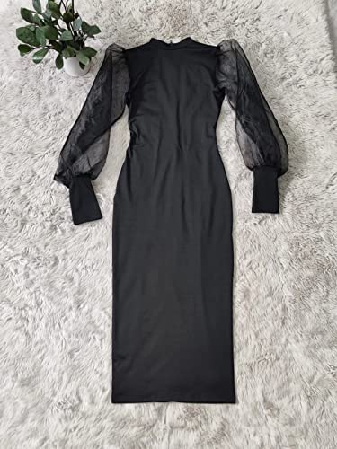 Ekaliy Women's See Through Bodycon Dress Long Puff Lantern Sleeve Sheer Mesh Dress Sexy Club Party Midi Dress Club Outfits New Black XX-Large - Image 5