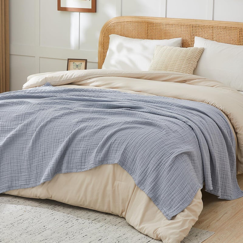 EMME Cotton Muslin Queen Blanket Bed Layering Breathable Gauze Blanket Soft Lightweight Blankets Adults (Dusty Blue, 90"x90") - Image 4
