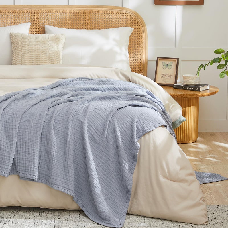 EMME Cotton Muslin Queen Blanket Bed Layering Breathable Gauze Blanket Soft Lightweight Blankets Adults (Dusty Blue, 90"x90") - Image 5