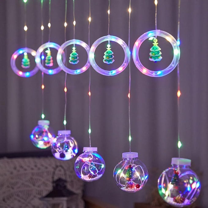 CHRISTMAS RINGS BALLS CURTAIN LIGHTS WINDOW CURTAIN HANGING LIGHT WITH 8 FLASHING MODES DECORATION LIGHT FOR CHRISTMAS HOME OFFICE MULTICOLOR