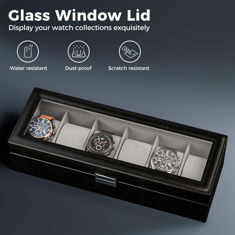 ProCase Watch Box for Men, 6 Slot Mens Watch Case, Watch Storage Watch Holder Organizer for Men, Watch Display Case With Glass Lid -6 Slot, Black - Image 3