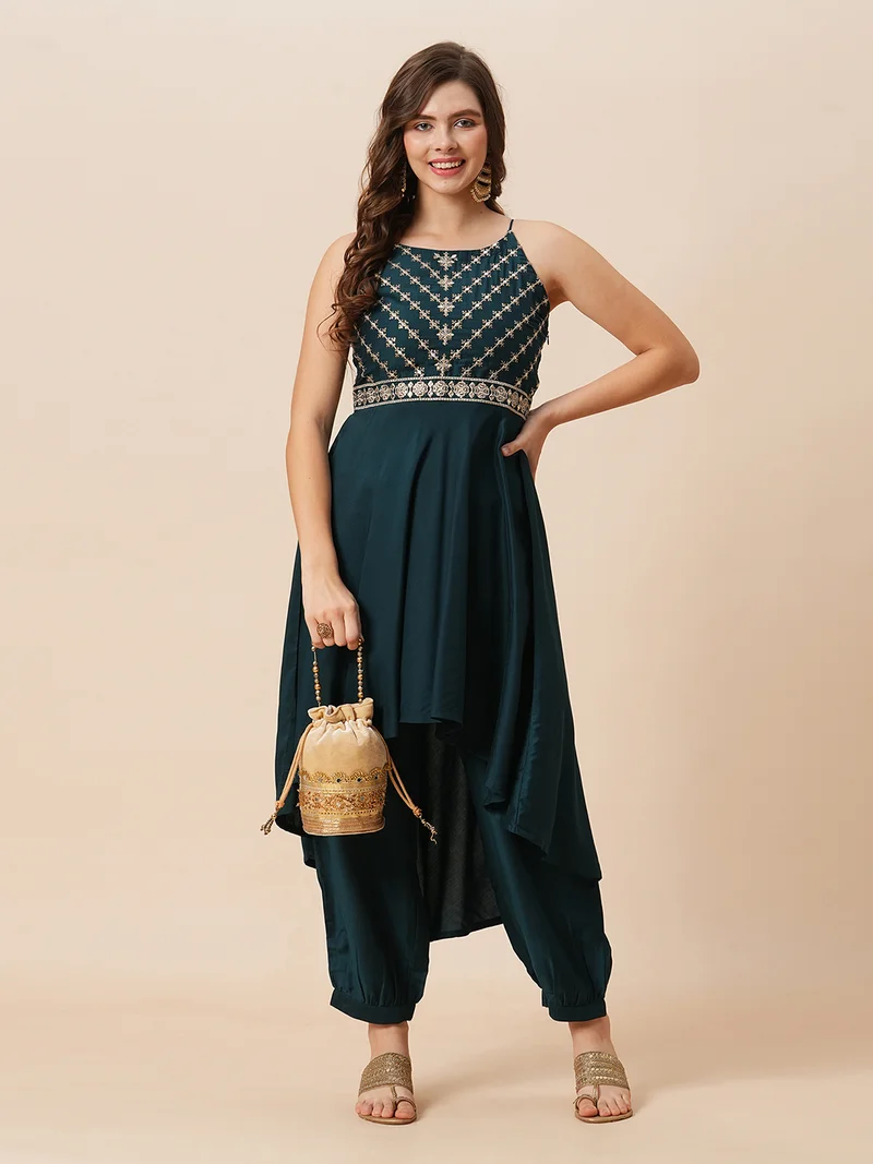 globus Globus Women Embroidered Round Halter Neck High-Low Hem A-Line Kurta & Afghani Pants Festive Set