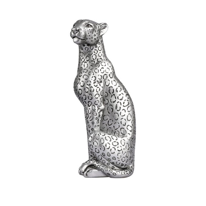 Cheetah Statue Home Decor Leopard Sculpture Resin Sitting Cheetah Figurine Desktop Table Top Ornament Decoration for Home Office Silver