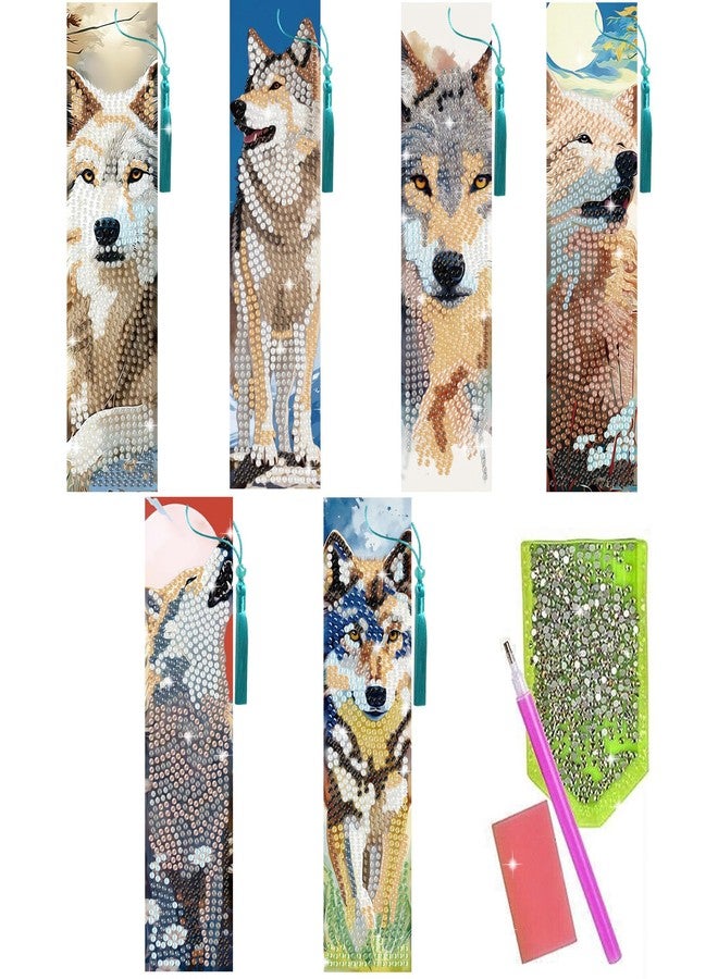 beinkmake benikmake 6pcs Wolf Diamond Bookmark DIY Diamond Art Bookmarks Kit with Crystal Pendant Tassel for Reading Lovers Beginner Craftsman Colorful 1.96x7.87in - Image 1