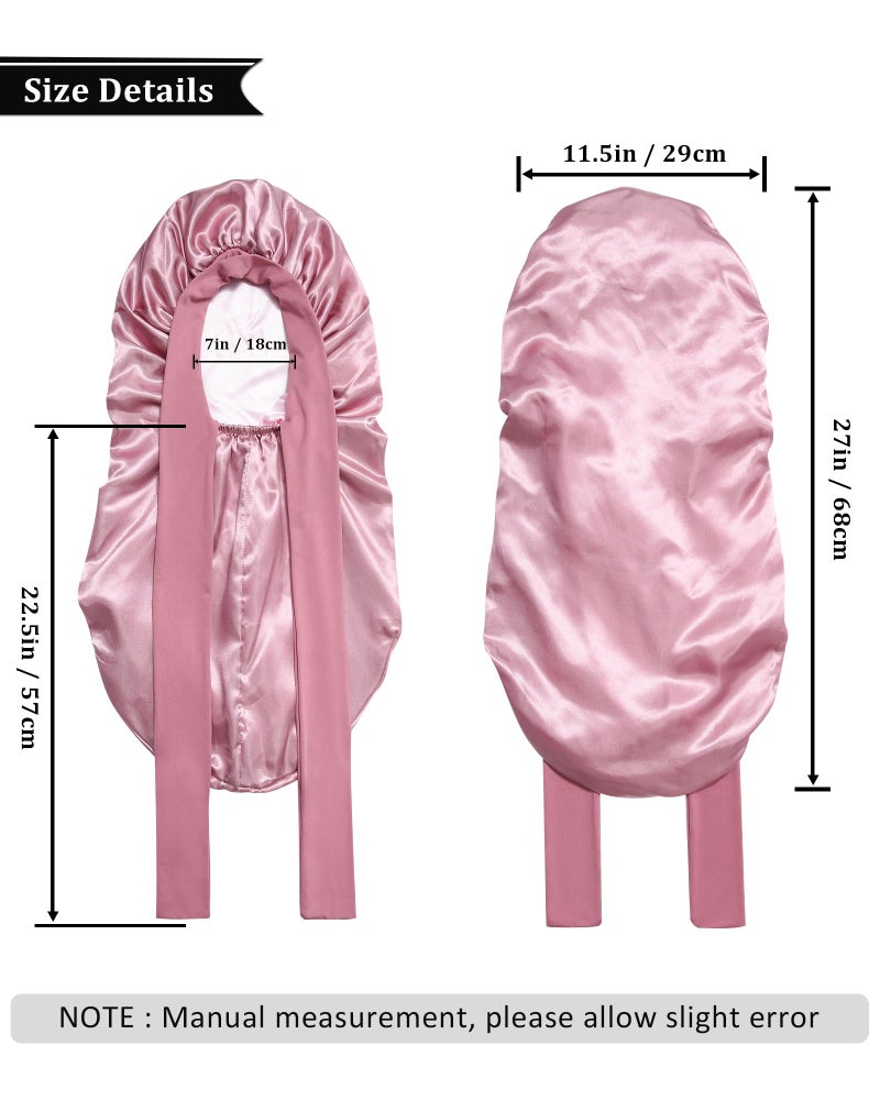 AWAYTR Long Satin Bonnet for Sleeping - Double Layer Reversible Silk Bonnet for Long Hair Women Sleeping Cap with Tie Band (Rose Gold+Pink) - Image 2