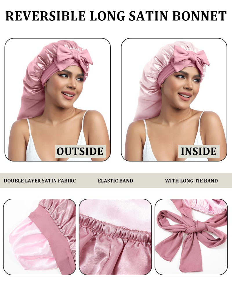 AWAYTR Long Satin Bonnet for Sleeping - Double Layer Reversible Silk Bonnet for Long Hair Women Sleeping Cap with Tie Band (Rose Gold+Pink) - Image 3