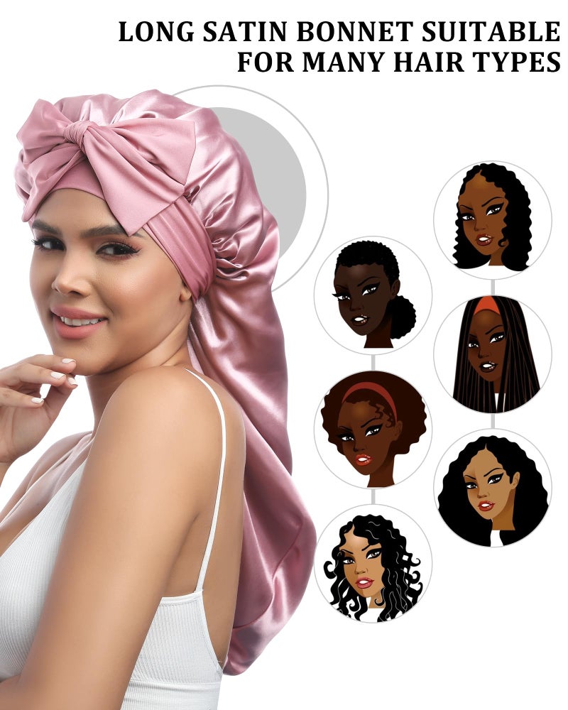 AWAYTR Long Satin Bonnet for Sleeping - Double Layer Reversible Silk Bonnet for Long Hair Women Sleeping Cap with Tie Band (Rose Gold+Pink) - Image 4