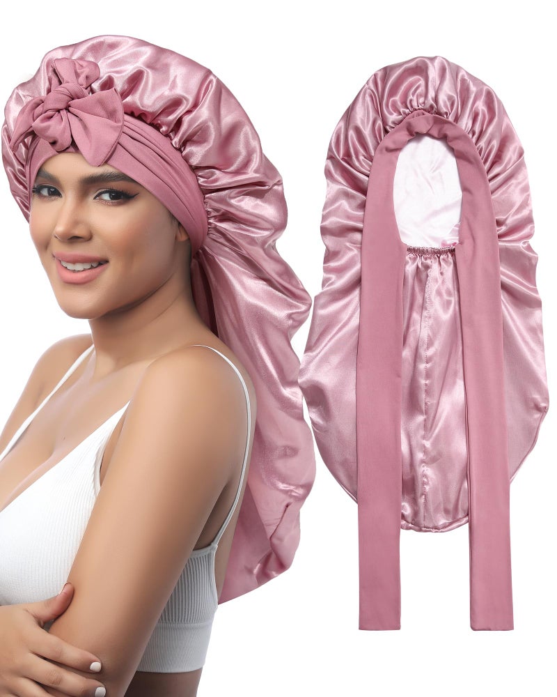 AWAYTR Long Satin Bonnet for Sleeping - Double Layer Reversible Silk Bonnet for Long Hair Women Sleeping Cap with Tie Band (Rose Gold+Pink) - Image 1